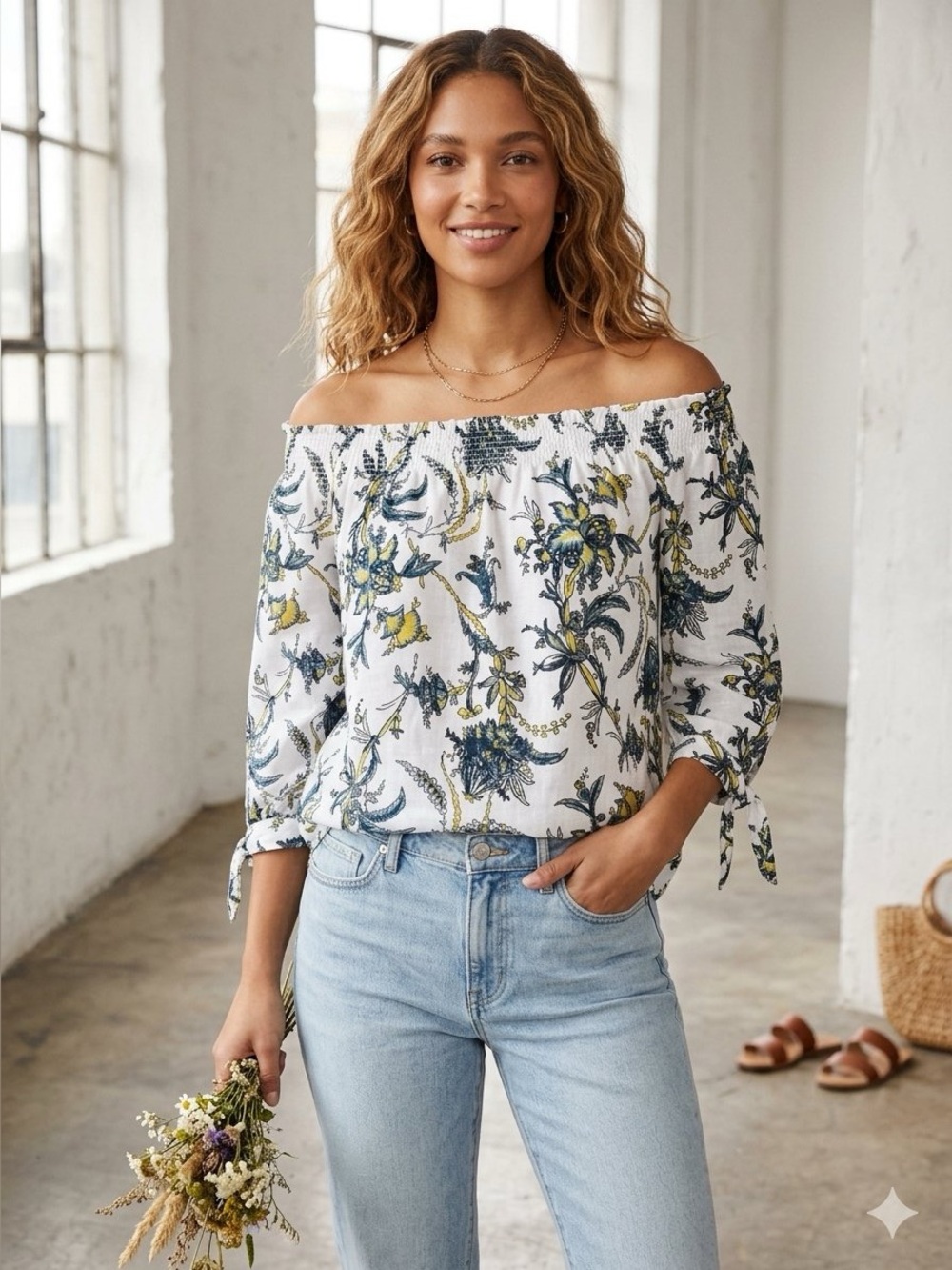 Loft • White Blue Yellow Off The Shoulder Cotton Blouse